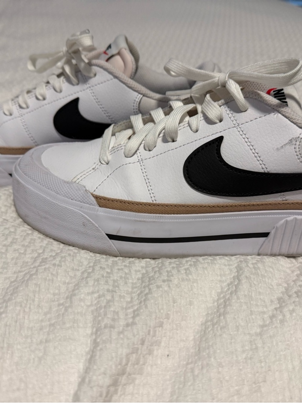 Nike Women's White Leather Low-Top Sneakers with Black Swoosh and Tan Trim